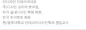 인디자인 인테리어대표/주)디자인 코리아 본부장/한국 실내디자인 학회 회원/한국 주거학회 회원/현/광주대학교 인테리어학과 겸임교수